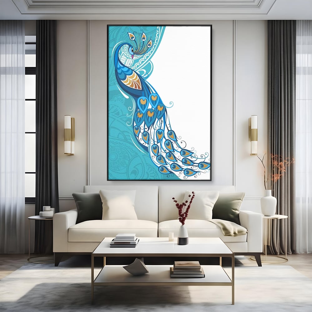 Tablou canvas cu ilustratie digitala cu paun si pene, in rama de aluminiu negru, pe perete intr-un living
